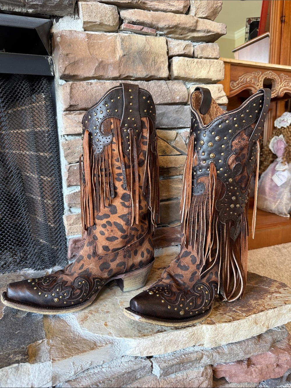 Brown Leopard-Print Fringe Western Boots
